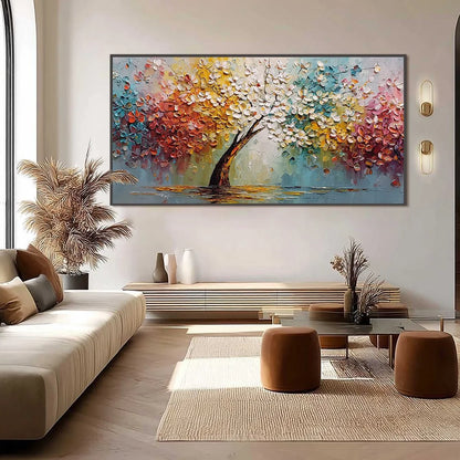 ETERNAL BLOSSOM: Colorful Textured Palette Knife Tree of Life Painting | black frame version on white wall