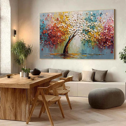 ETERNAL BLOSSOM: Colorful Textured Palette Knife Tree of Life Painting | Abstract mood, soft natural light studio shot