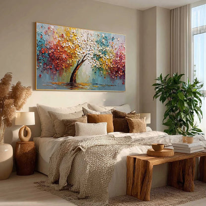 ETERNAL BLOSSOM: Colorful Textured Palette Knife Tree of Life Painting | beige palette, original Hand-painted on premium stretched canvas using artist-grade oils; rich layered surface combines smoo...