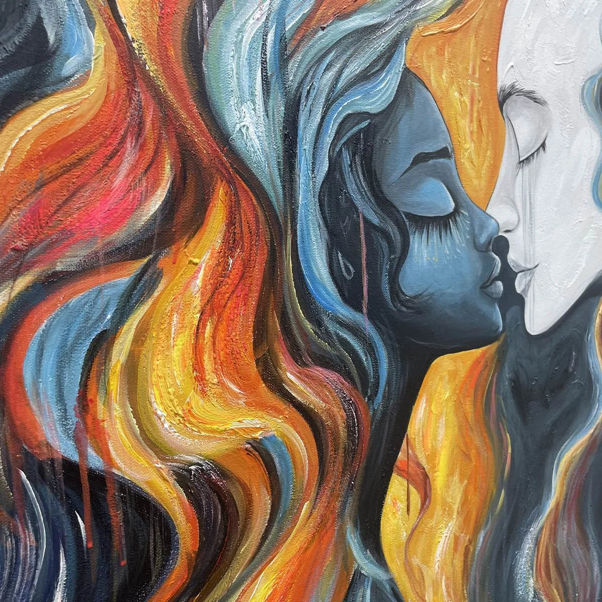 ETERNAL EMBRACE: Colorful Portrait Oil Painting of Two Lovers | rectangular format, hand-painted canvas edge