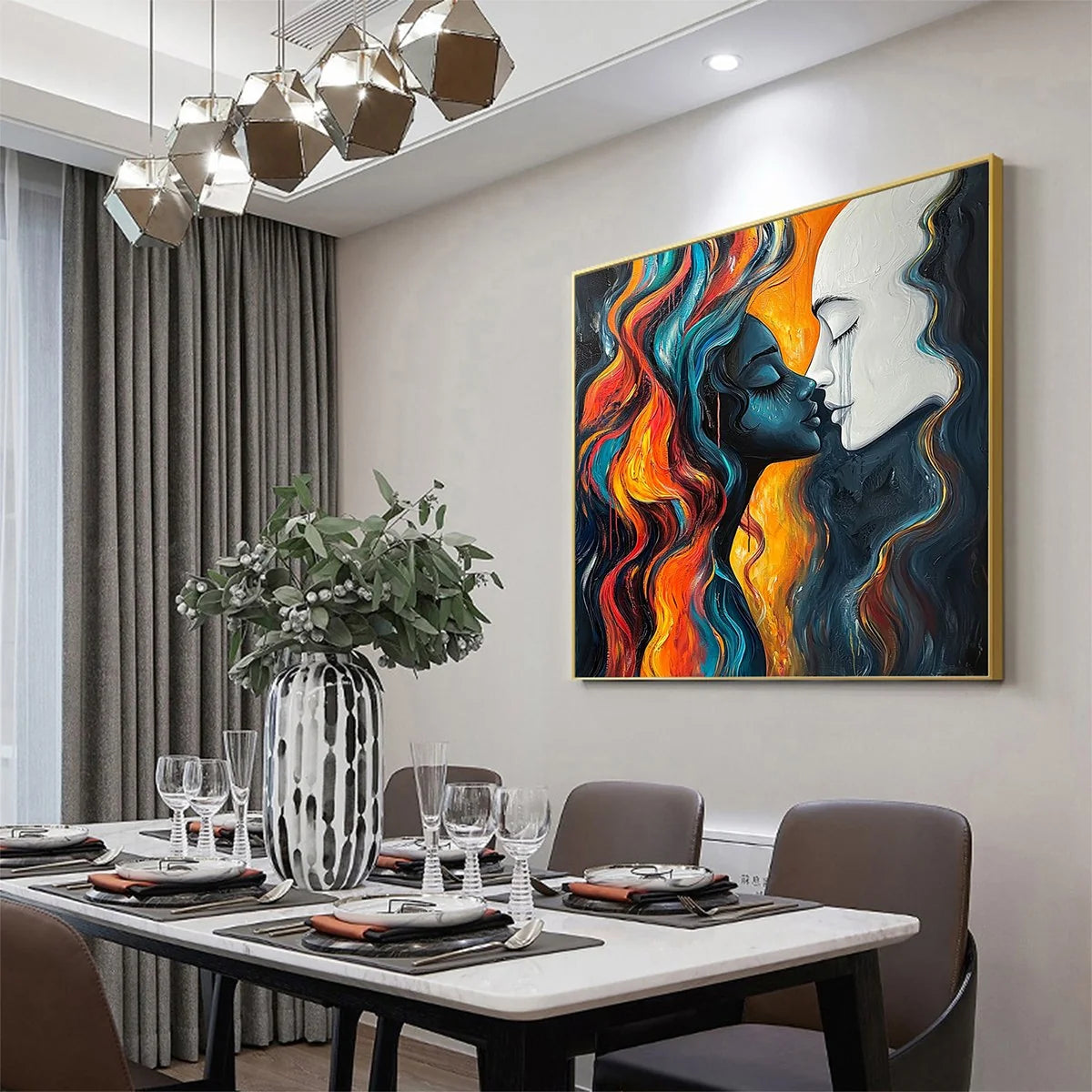 ETERNAL EMBRACE: Colorful Portrait Oil Painting of Two Lovers | gold frame stretched on neutral wall