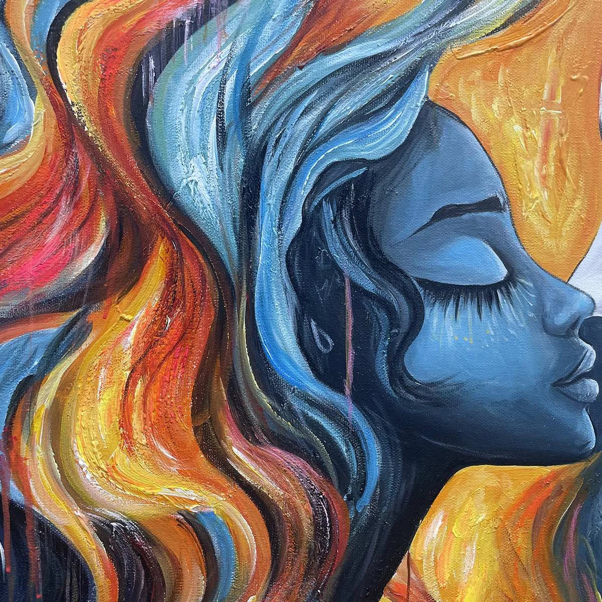 ETERNAL EMBRACE: Colorful Portrait Oil Painting of Two Lovers | black frame version on white wall