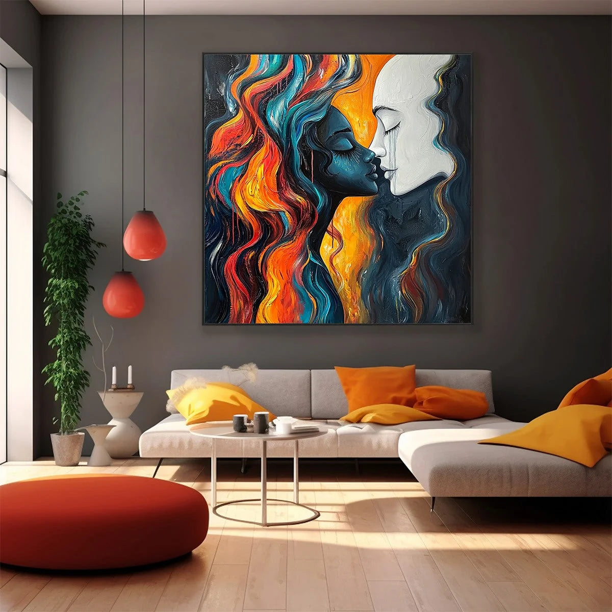 ETERNAL EMBRACE: Colorful Portrait Oil Painting of Two Lovers | Figurative mood, soft natural light studio shot