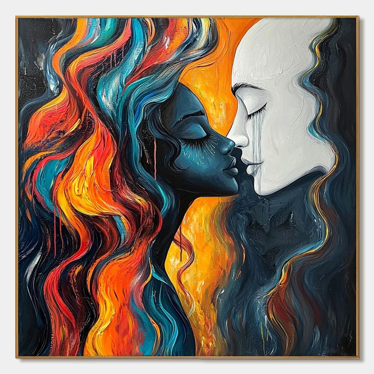 ETERNAL EMBRACE: Colorful Portrait Oil Painting of Two Lovers | hanging in ETERNAL EMBRACE: Colorful Portrait Oil Painting of Two Lovers featuring layered textured brushwork in refined tones; figur...