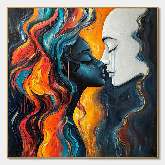 ETERNAL EMBRACE: Colorful Portrait Oil Painting of Two Lovers | hanging in ETERNAL EMBRACE: Colorful Portrait Oil Painting of Two Lovers featuring layered textured brushwork in refined tones; figur...