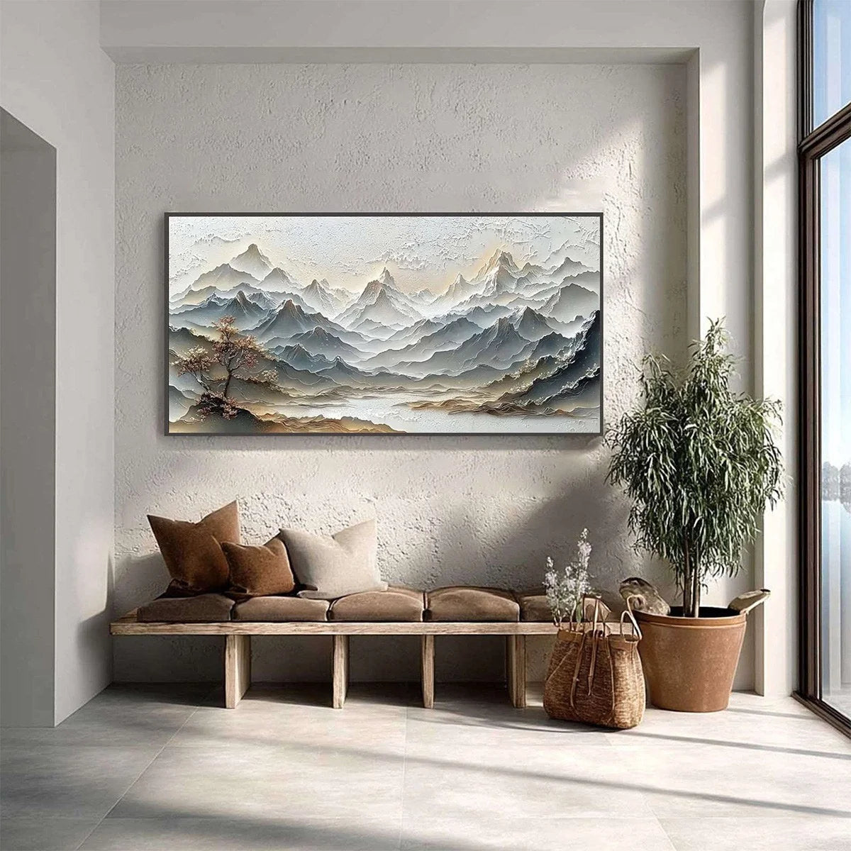 ETERNAL HORIZONS: Textured Wabi Sabi Mountain Landscape Painting | gold frame stretched on neutral wall