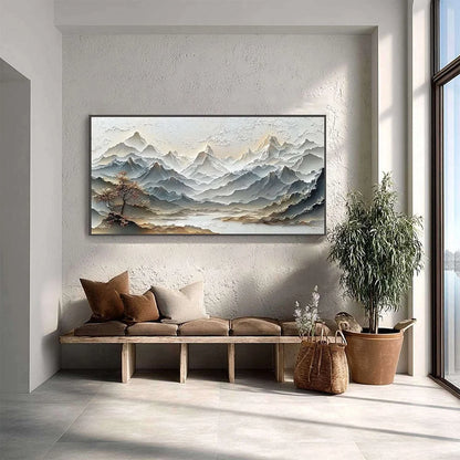 ETERNAL HORIZONS: Textured Wabi Sabi Mountain Landscape Painting | gold frame stretched on neutral wall
