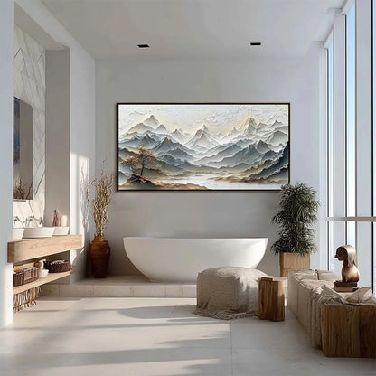 ETERNAL HORIZONS: Textured Wabi Sabi Mountain Landscape Painting | black frame version on white wall