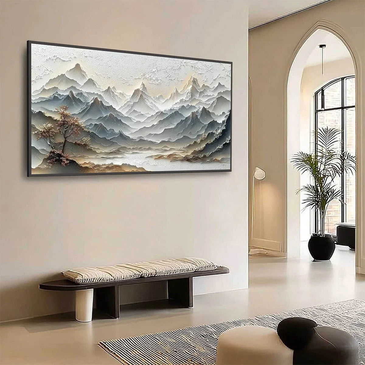ETERNAL HORIZONS: Textured Wabi Sabi Mountain Landscape Painting | Landscape mood, soft natural light studio shot