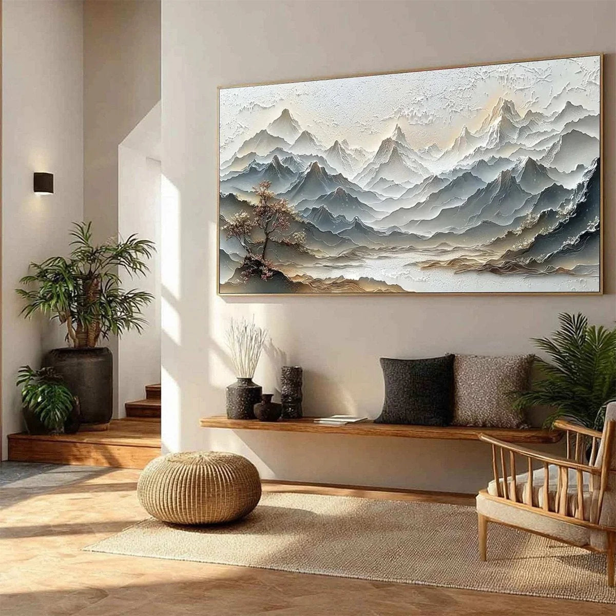 ETERNAL HORIZONS: Textured Wabi Sabi Mountain Landscape Painting | green palette, original Hand-painted on premium stretched canvas using artist-grade oils; rich layered surface combines smooth gra...