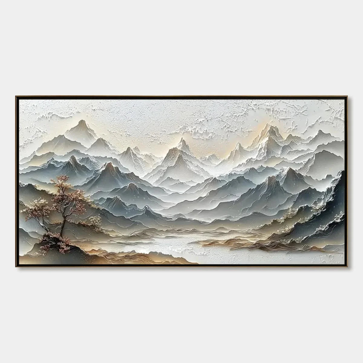 ETERNAL HORIZONS: Textured Wabi Sabi Mountain Landscape Painting | hanging in ETERNAL HORIZONS: Textured Wabi Sabi Mountain Landscape Painting featuring layered textured brushwork in refined tones;...