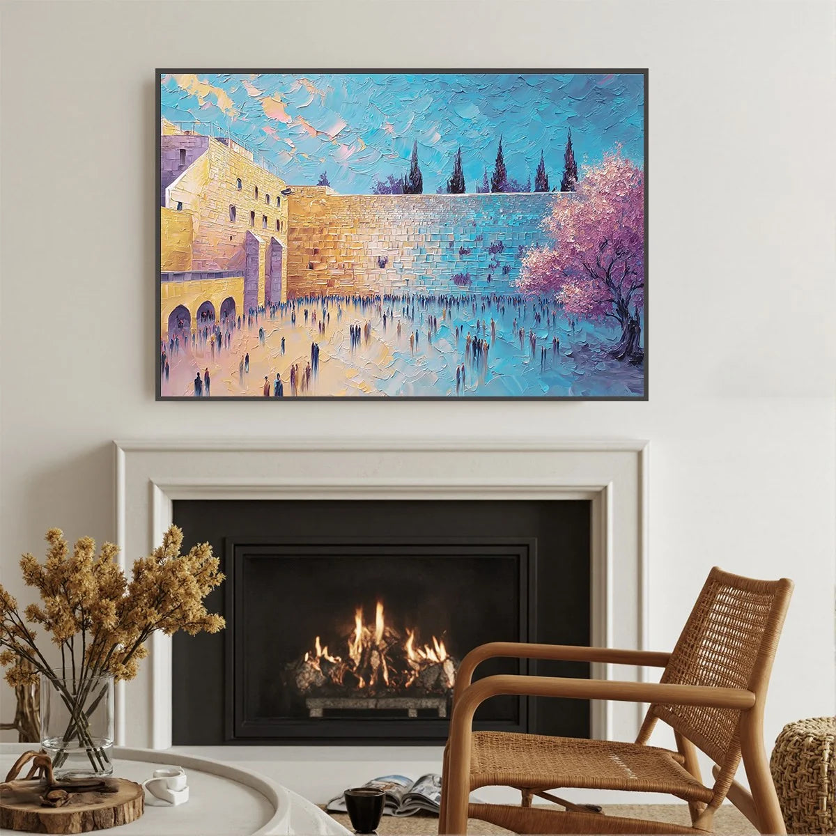ETERNAL PRAYER: Textured Impasto Painting of Jerusalem's Western Wall | gold frame stretched on neutral wall