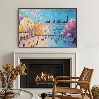 ETERNAL PRAYER: Textured Impasto Painting of Jerusalem's Western Wall | gold frame stretched on neutral wall