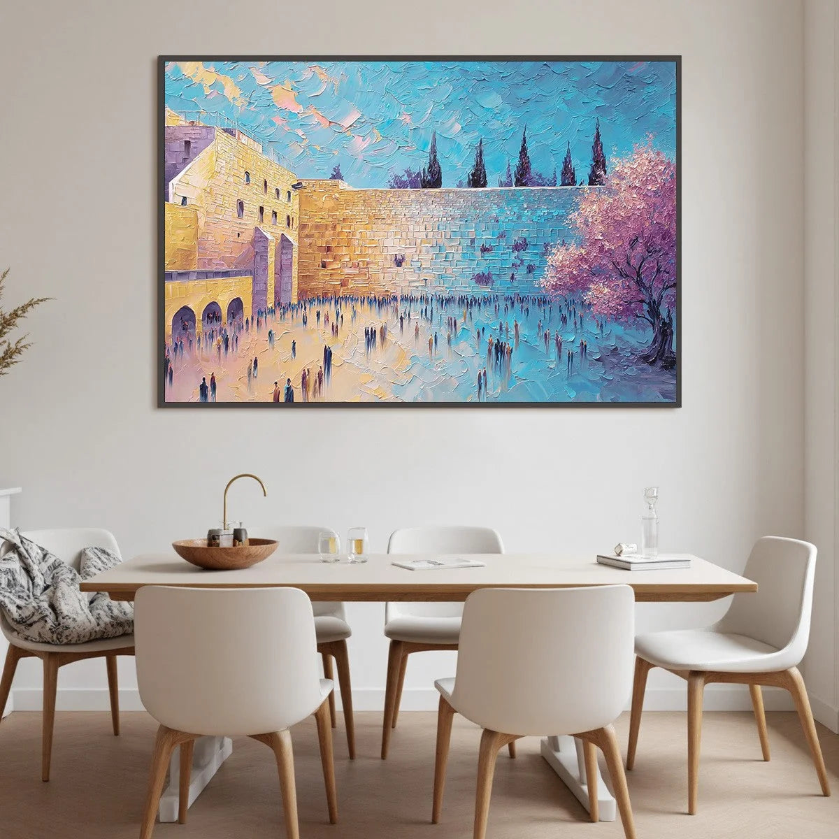 ETERNAL PRAYER: Textured Impasto Painting of Jerusalem's Western Wall | black frame version on white wall