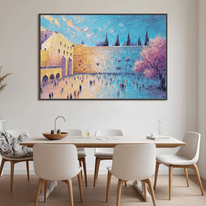 ETERNAL PRAYER: Textured Impasto Painting of Jerusalem's Western Wall | black frame version on white wall