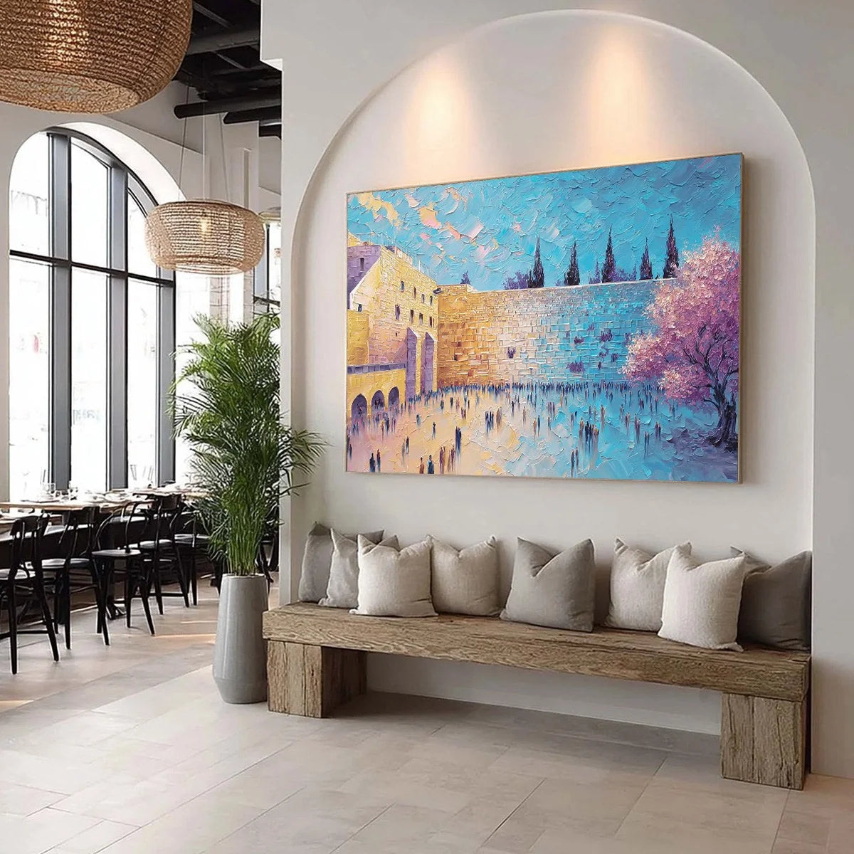 ETERNAL PRAYER: Textured Impasto Painting of Jerusalem's Western Wall | beige palette, original Hand-painted on premium stretched canvas using artist-grade oils; rich layered surface combines smoot...
