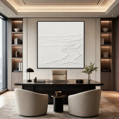 ETERNAL SHORE: Minimalist White Textured Seascape Painting | Minimalist closeup, raised brushwork detail