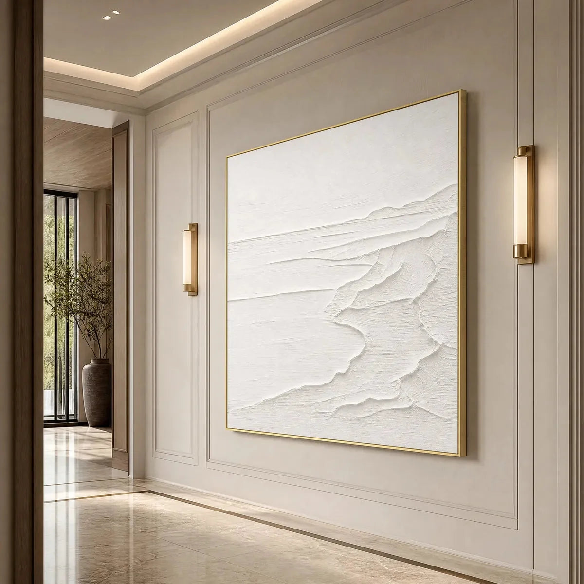 ETERNAL SHORE: Minimalist White Textured Seascape Painting | gold frame stretched on neutral wall