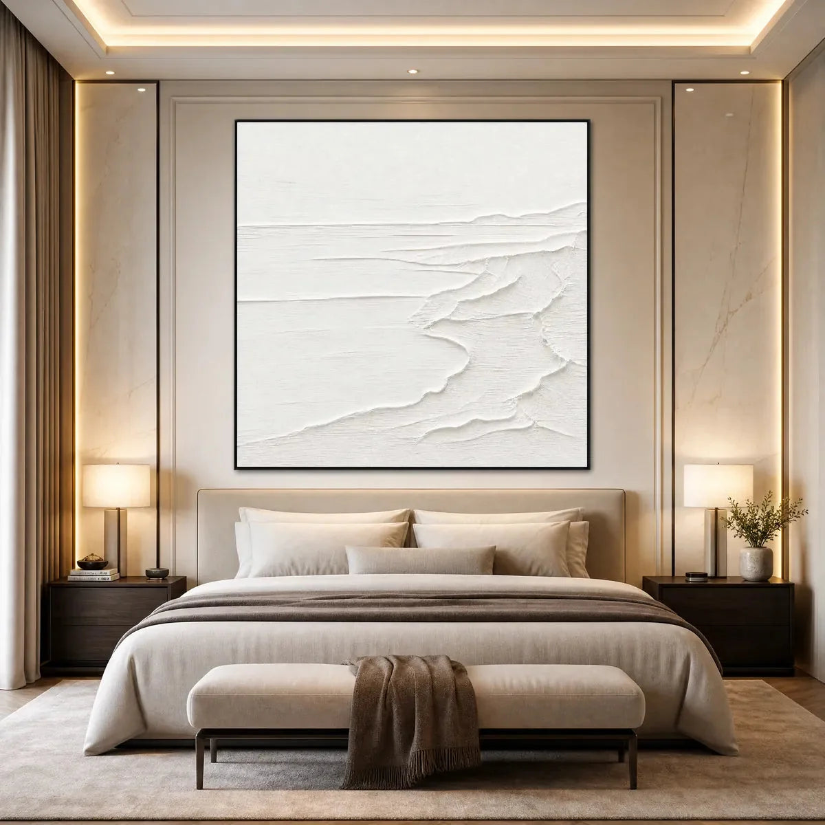 ETERNAL SHORE: Minimalist White Textured Seascape Painting | rolled canvas, ready for custom framing