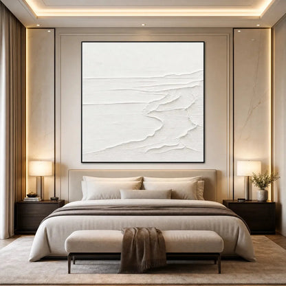 ETERNAL SHORE: Minimalist White Textured Seascape Painting | rolled canvas, ready for custom framing