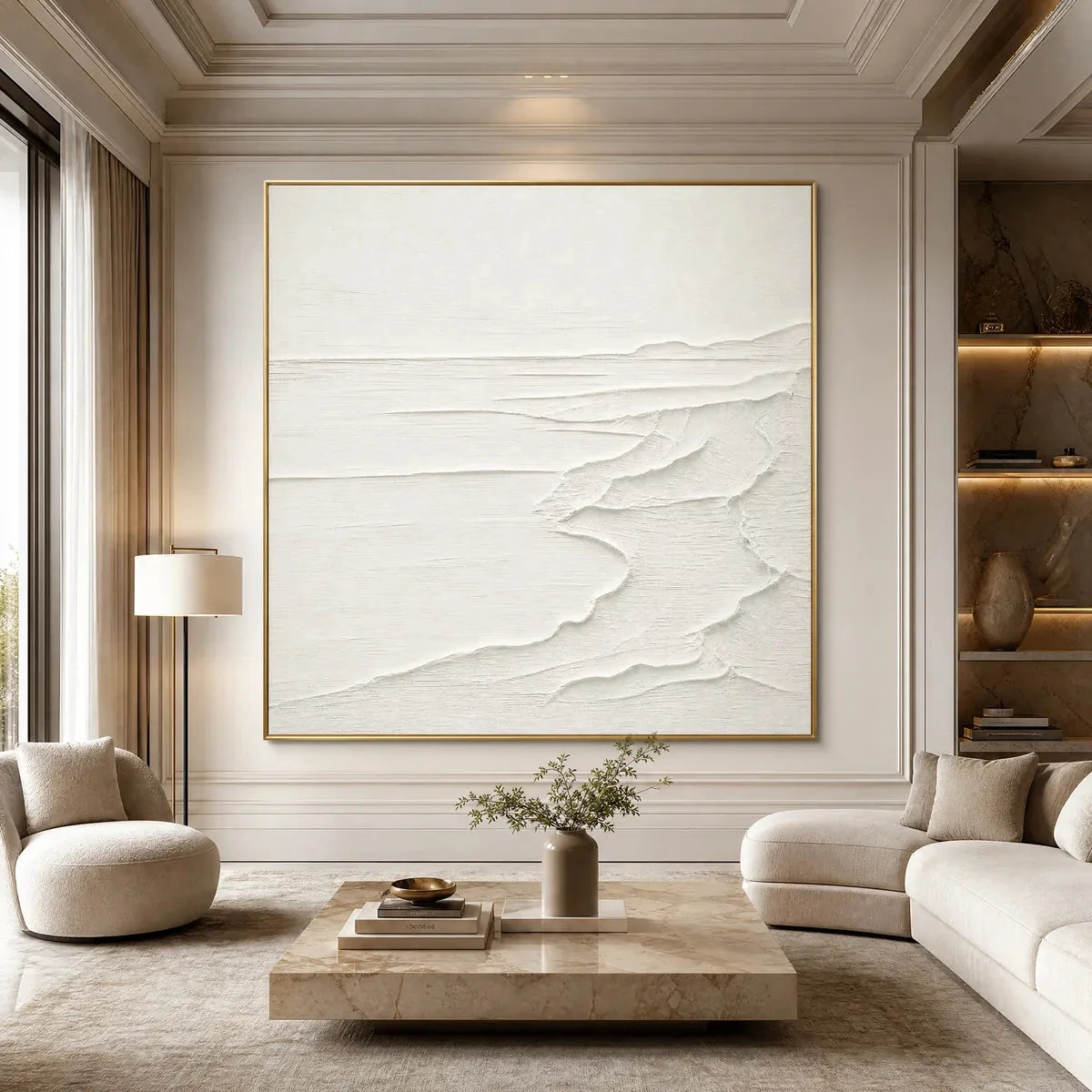 ETERNAL SHORE: Minimalist White Textured Seascape Painting | black frame version on white wall