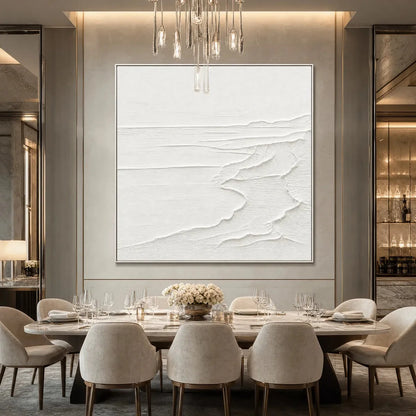 ETERNAL SHORE: Minimalist White Textured Seascape Painting | Minimalist mood, soft natural light studio shot
