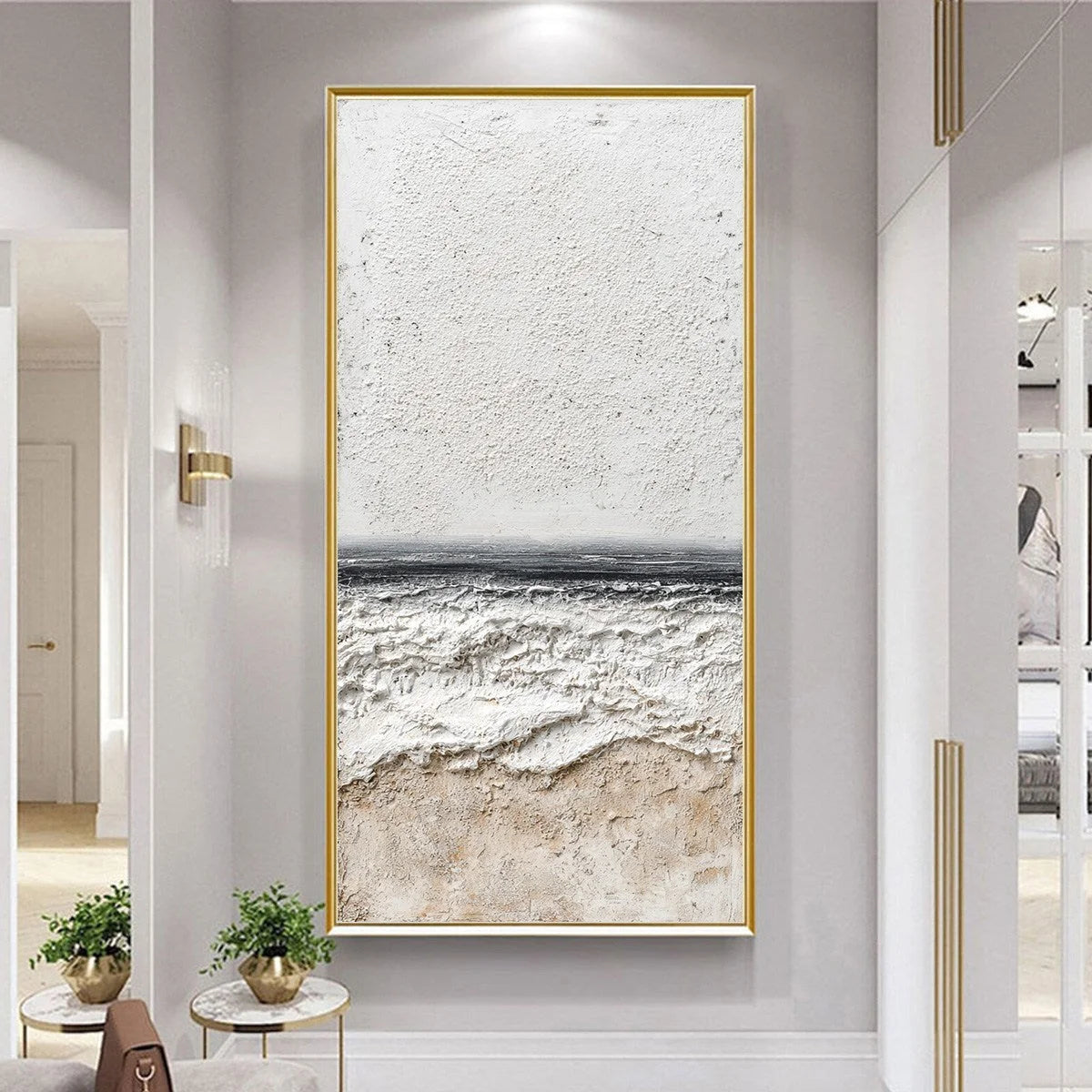 ETERNAL SHORE: Wabi Sabi Textured Minimalist Seascape Painting | gold frame stretched on neutral wall