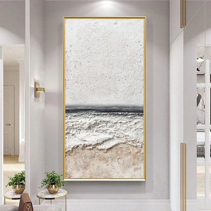 ETERNAL SHORE: Wabi Sabi Textured Minimalist Seascape Painting | gold frame stretched on neutral wall