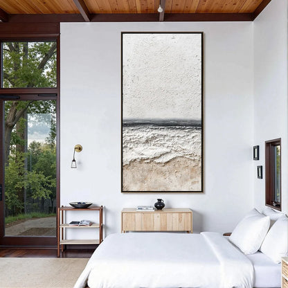 ETERNAL SHORE: Wabi Sabi Textured Minimalist Seascape Painting | Minimalist mood, soft natural light studio shot