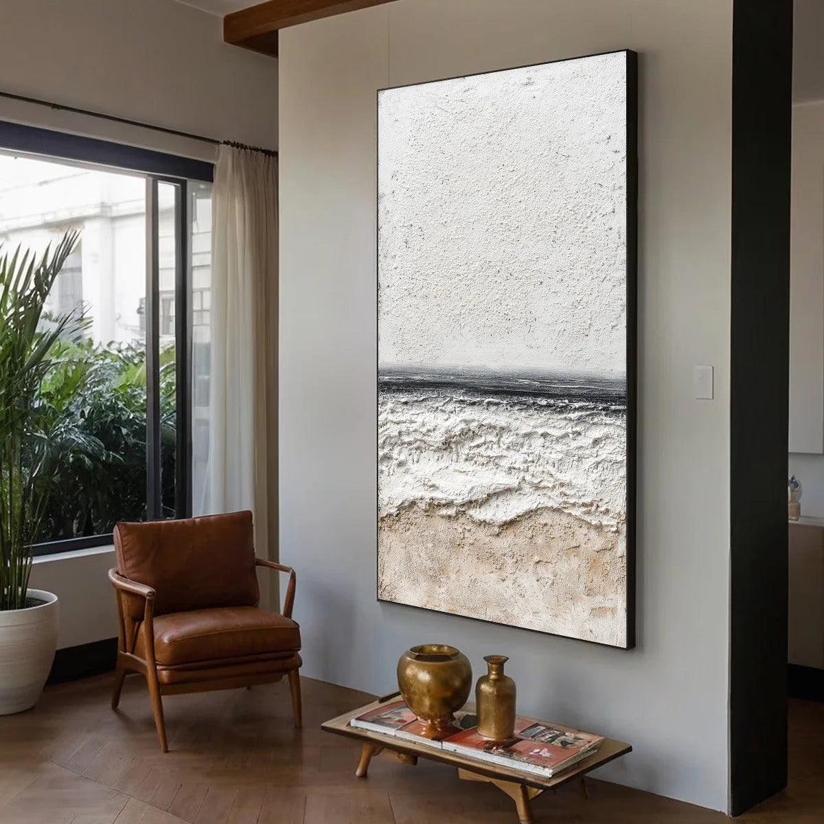ETERNAL SHORE: Wabi Sabi Textured Minimalist Seascape Painting | beige palette, original Hand-painted on premium stretched canvas using artist-grade oils; rich layered surface combines smooth gradi...