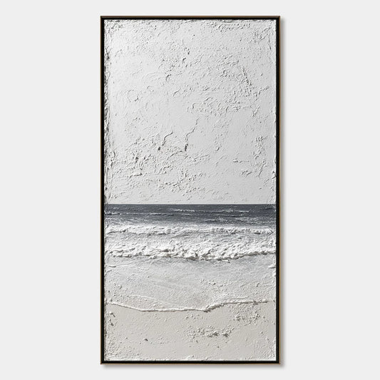 ETERNAL SHORE: Wabi Sabi Textured Minimalist Seascape Painting | hanging in ETERNAL SHORE: Wabi Sabi Textured Minimalist Seascape Painting featuring layered textured brushwork in refined tones; min...