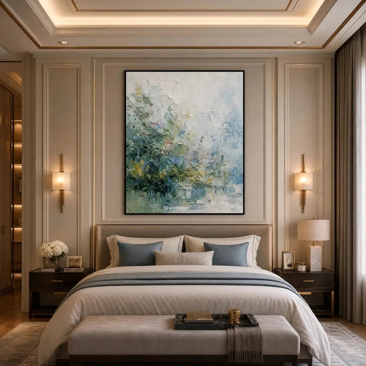 ETERNAL SPRING: Heavily Textured Abstract Floral Garden Painting | gold frame stretched on neutral wall