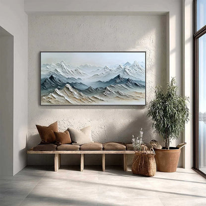 ETERNAL SUMMITS: Textured Wabi Sabi Mountain Landscape Painting | gold frame stretched on neutral wall