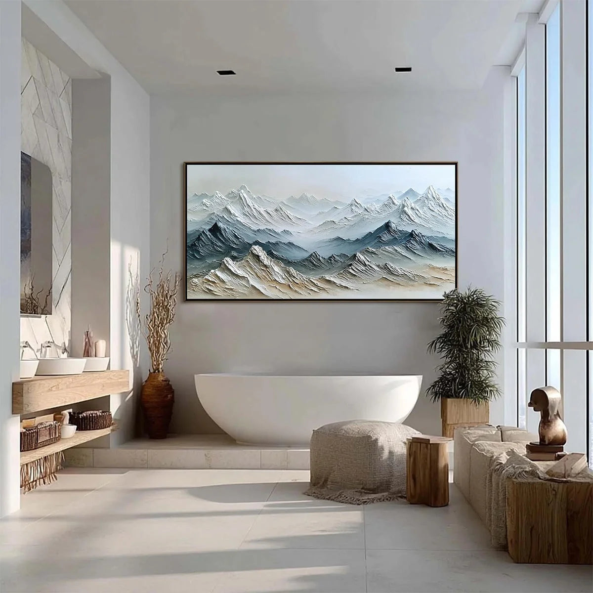 ETERNAL SUMMITS: Textured Wabi Sabi Mountain Landscape Painting | black frame version on white wall