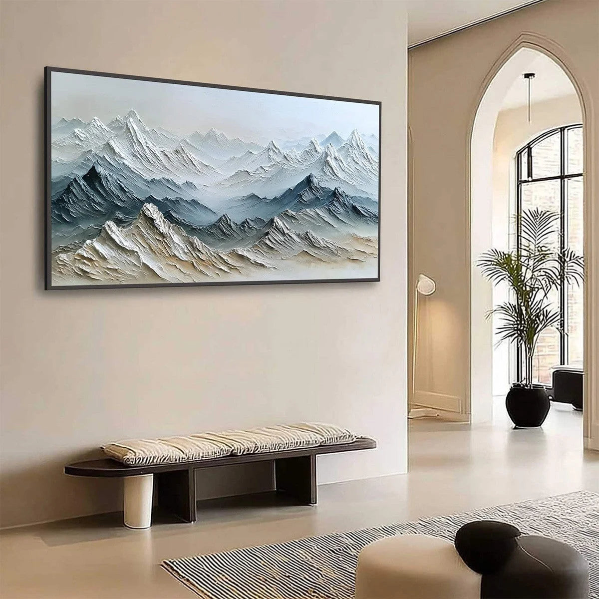 ETERNAL SUMMITS: Textured Wabi Sabi Mountain Landscape Painting | Landscape mood, soft natural light studio shot