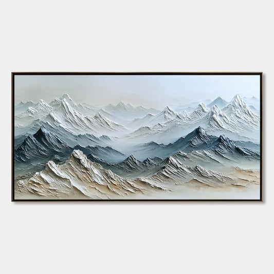 ETERNAL SUMMITS: Textured Wabi Sabi Mountain Landscape Painting | hanging in ETERNAL SUMMITS: Textured Wabi Sabi Mountain Landscape Painting featuring layered textured brushwork in refined tones; l...