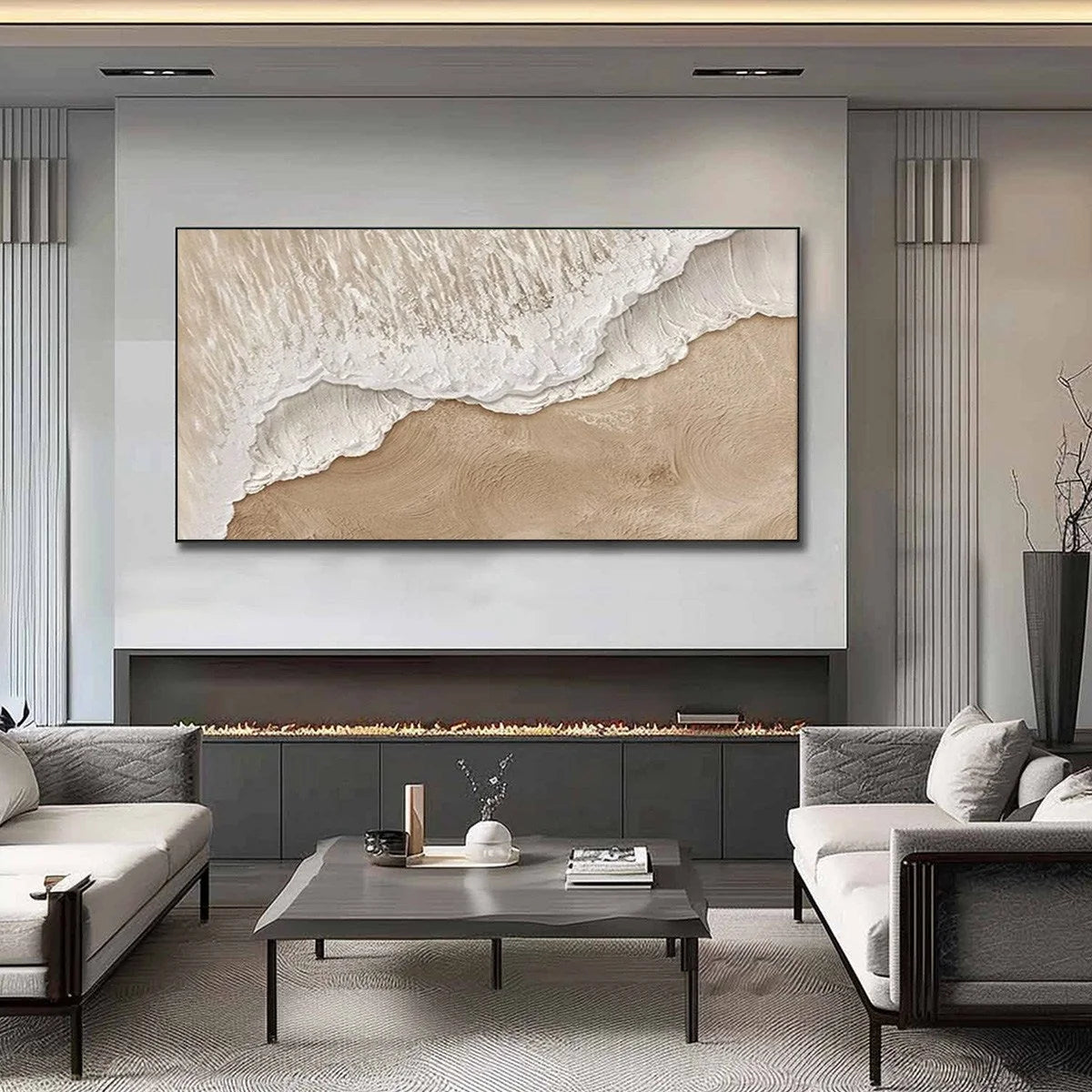 ETERNAL TIDE: Textured Wabi Sabi Beach & Sea Painting | gold frame stretched on neutral wall