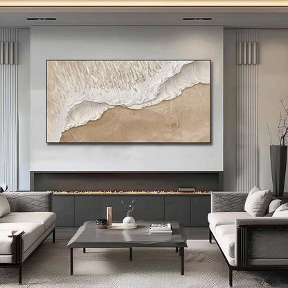ETERNAL TIDE: Textured Wabi Sabi Beach & Sea Painting | gold frame stretched on neutral wall