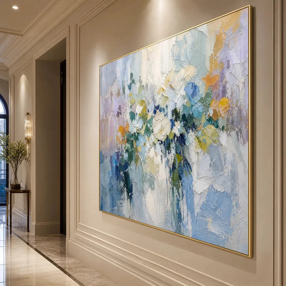 Ethereal Bloom Abstract Floral Textured Oil Painting for Walls | gold frame stretched on neutral wall
