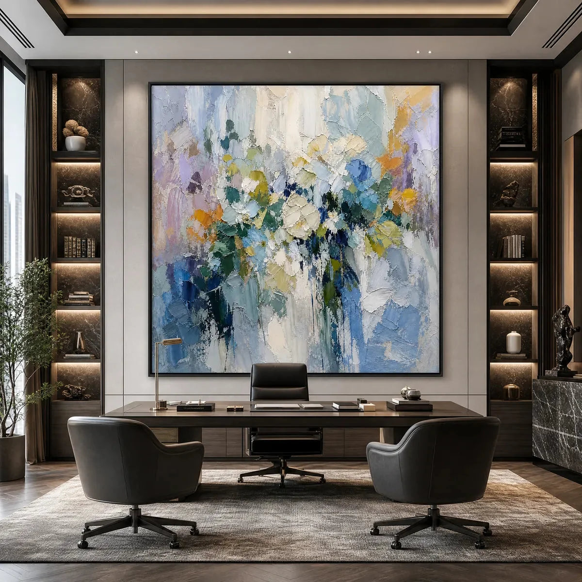 Ethereal Bloom Abstract Floral Textured Oil Painting for Walls | black frame version on white wall