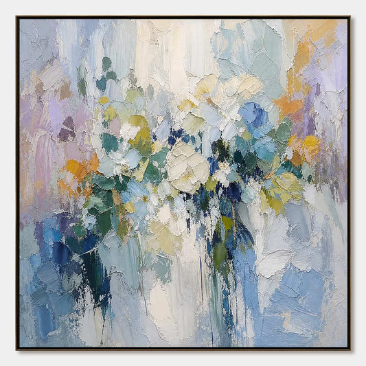 Ethereal Bloom Abstract Floral Textured Oil Painting for Walls | hanging in Ethereal Bloom Abstract Floral Textured Oil Painting for Walls featuring layered textured brushwork in refined tones; abs...