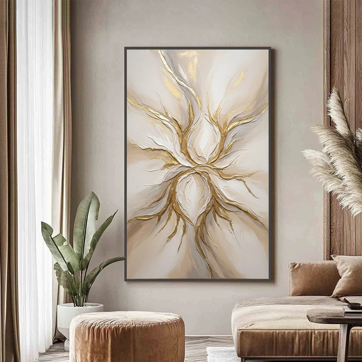 ETHEREAL BLOOM: Textured Gold & White Abstract Floral Painting | Abstract closeup, raised brushwork detail