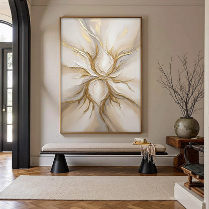 ETHEREAL BLOOM: Textured Gold & White Abstract Floral Painting | gold frame stretched on neutral wall