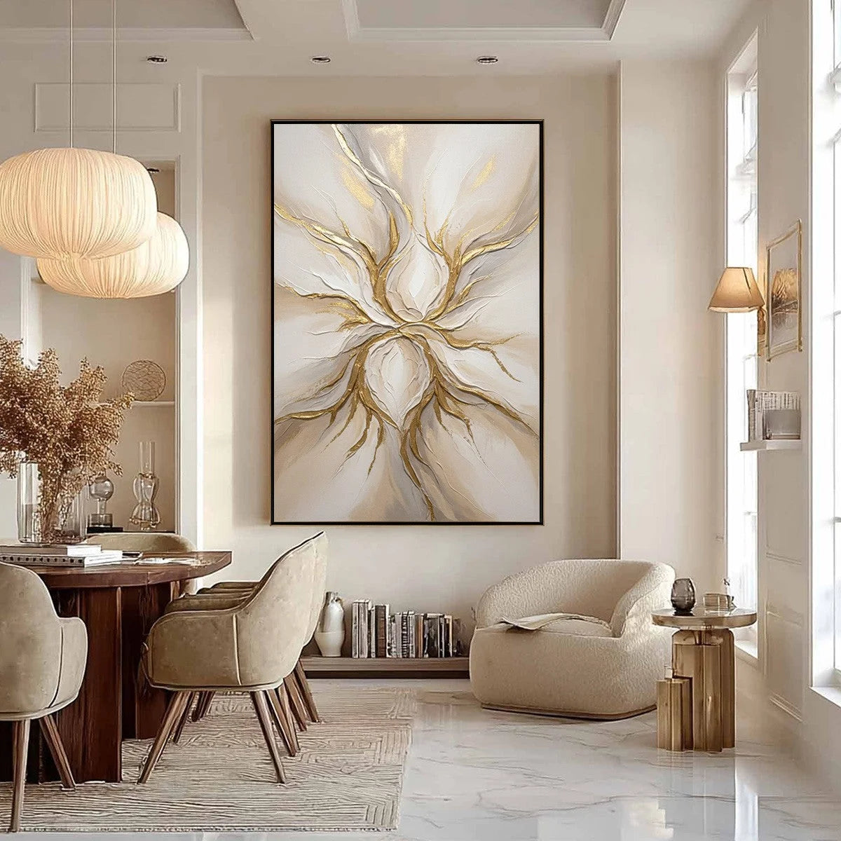 ETHEREAL BLOOM: Textured Gold & White Abstract Floral Painting | black frame version on white wall