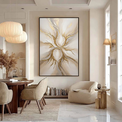 ETHEREAL BLOOM: Textured Gold & White Abstract Floral Painting | black frame version on white wall