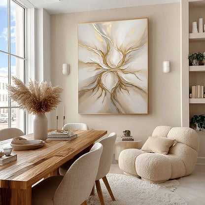 ETHEREAL BLOOM: Textured Gold & White Abstract Floral Painting | Abstract mood, soft natural light studio shot