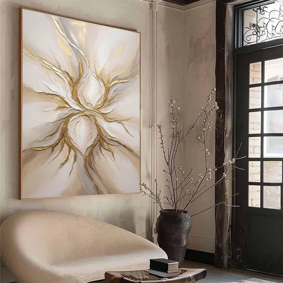 ETHEREAL BLOOM: Textured Gold & White Abstract Floral Painting | yellow palette, original Hand-painted on premium stretched canvas using artist-grade oils; rich layered surface combines smooth grad...