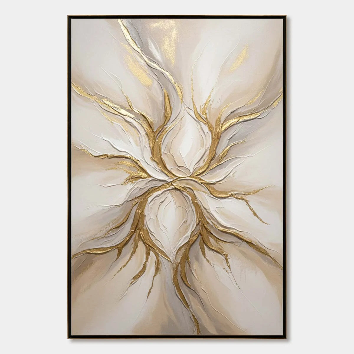 ETHEREAL BLOOM: Textured Gold & White Abstract Floral Painting | hanging in ETHEREAL BLOOM: Textured Gold & White Abstract Floral Painting featuring layered textured brushwork in refined tones; abs...