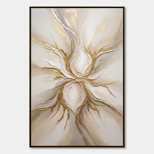 ETHEREAL BLOOM: Textured Gold & White Abstract Floral Painting | hanging in ETHEREAL BLOOM: Textured Gold & White Abstract Floral Painting featuring layered textured brushwork in refined tones; abs...