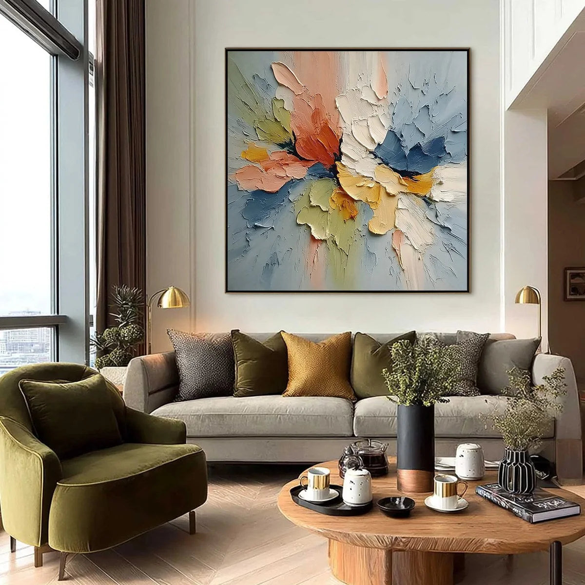 ETHEREAL BLOOM: Textured Impasto Abstract Floral Painting | gold frame stretched on neutral wall